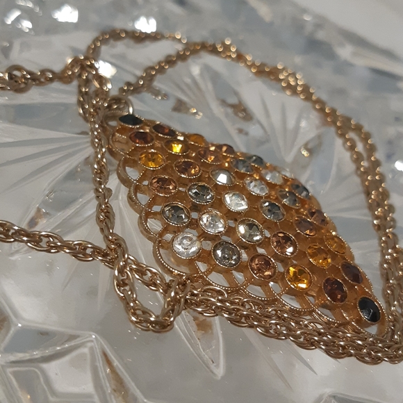 Sarah Coventry Vintage Necklace In Gold Tone With Rhinestones 24" Long Stamped, - Picture 4 of 11